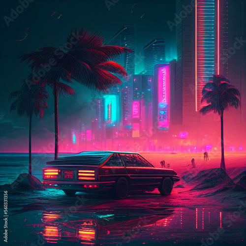 Cyberpunk beach summer street landscape with retro car. Sci-fi wallpaper. Futuristic city scene in a style of pixel art. 80's wallpaper. Urban scene. Generative Ai.