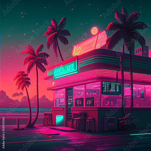 Cyberpunk beach summer street landscape with retro car. Sci-fi wallpaper. Futuristic city scene in a style of pixel art. 80's wallpaper. Urban scene. Generative Ai.