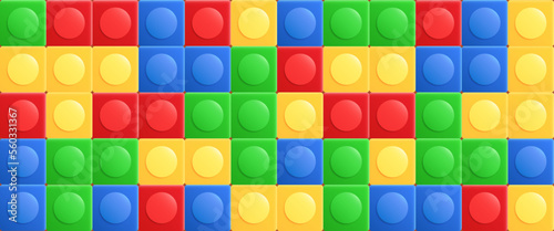 Vector plastic construction blocks 3d texture. Colorful little construction bricks, horizontal background. Kids game digital backdrop. Play zone surface. Bright square box shape, top view