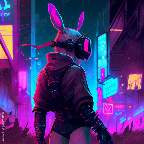 Cyberpunk bunny character in futuristic neon light city background wearing VR glasses. Futuristic city scene in a style of pixel art. 80's wallpaper. Retro future 3D illustration. Generative Ai.