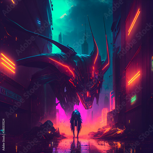 Cyberpunk epic situation facing alien . Sci-fi wallpaper. Futuristic city scene in a style of pixel art. 80's wallpaper. Retro future 3D illustration. Generative Ai.