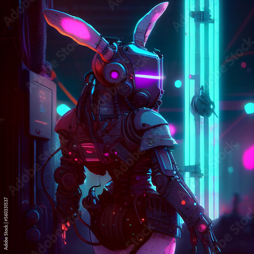 Cyberpunk bunny character in futuristic neon light city background wearing VR glasses. Futuristic city scene in a style of pixel art. 80's wallpaper. Retro future 3D illustration. Generative Ai.