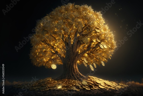 golden gold coin tree has coins as leaves that fall on ground, idea for limitless income, wealth and prosperity, rich and successful business growth, Generative Ai photo