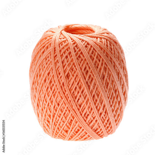 A skein of peach thread for machine knitting. Isolated on white background. Side view.