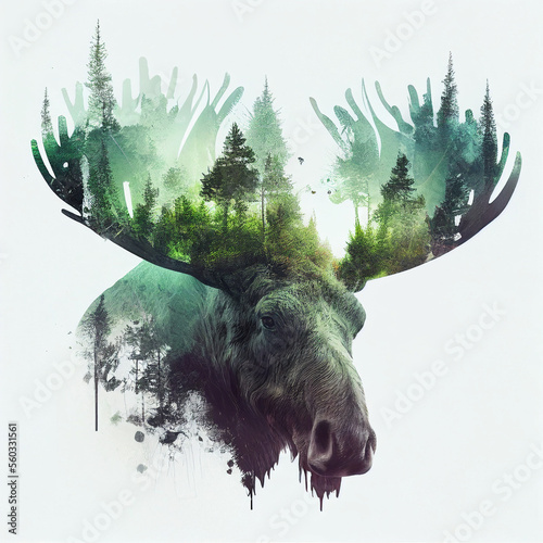 double-exposure-of-a-wild-moose-and-a-pine-forest-generative-ai