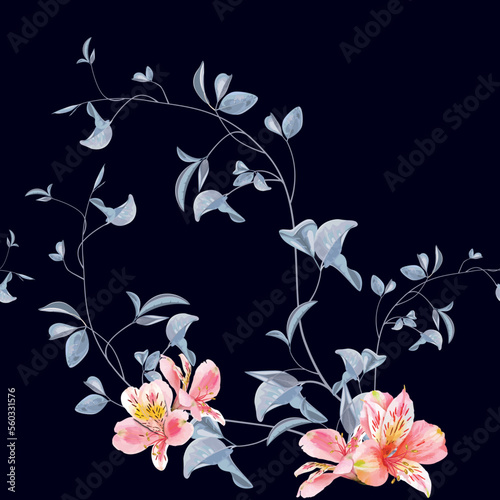 Modern floral seamless pattern. Digital drawn illustration. Can be used as textile fabric or wallpaper  cards  invitations  decorative paper