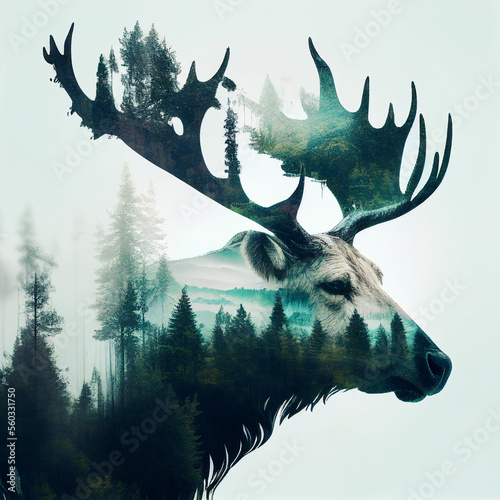 Double exposure of a wild reindeer and a pine forest. Generative Ai.