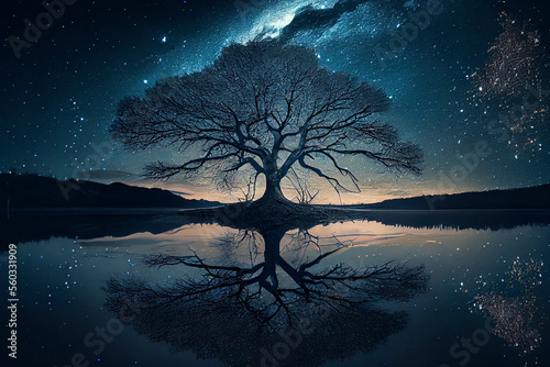 tree of life reminiscent of Yggdrasil reflected in an icy lake at night © rufous