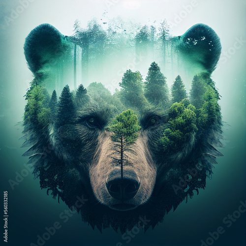 Bear Double Exposure Forest. Generative AI.