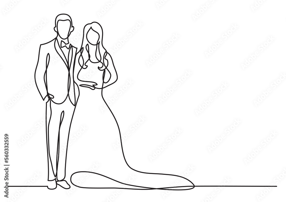 continuous line drawing happy groom bride standing at wedding - PNG image with transparent background