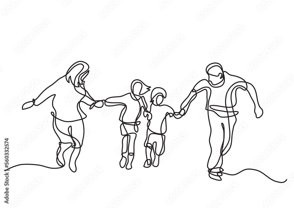 continuous line drawing happy parents children running - PNG image with transparent background