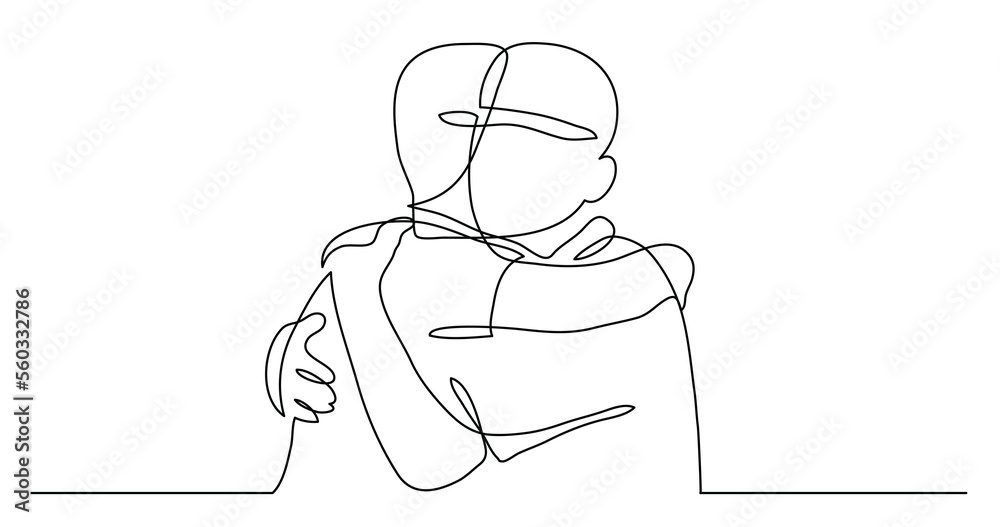 continuous line drawing of two close friends meeting hugging each other ...