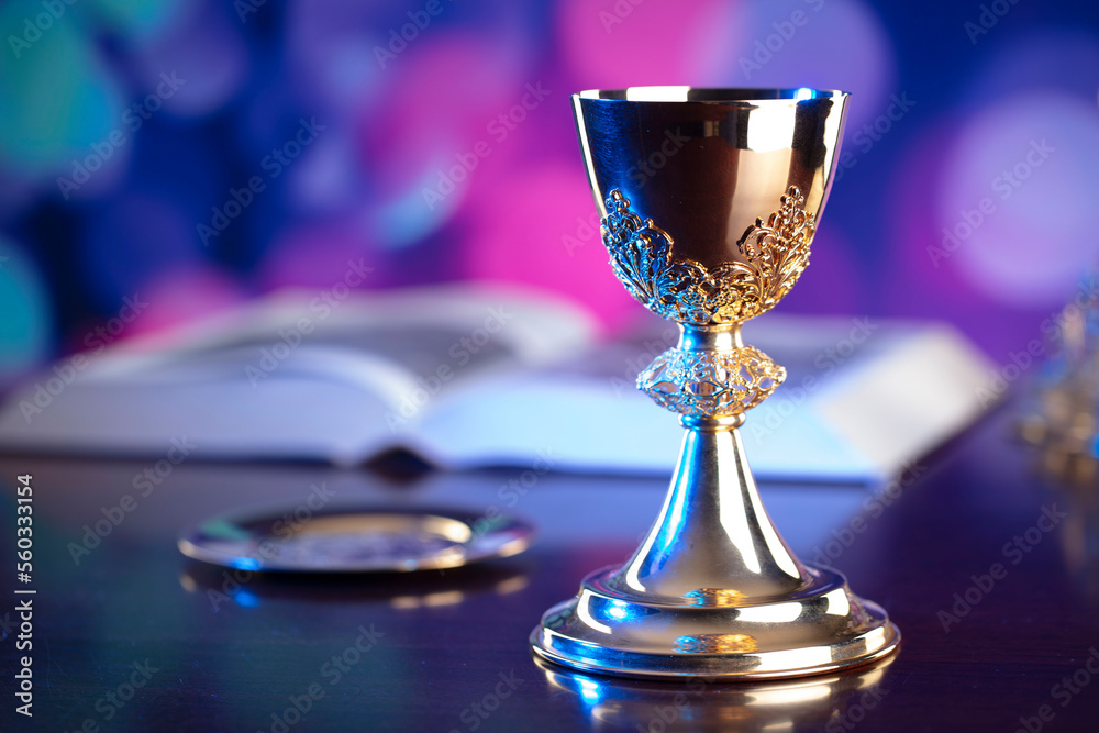 Religion theme. Religion symbols composition. The Cross, monstrance