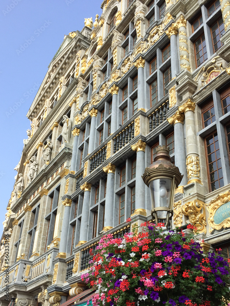 Brussels Grand Place row of old beautiful stone building facade with artistic golden details