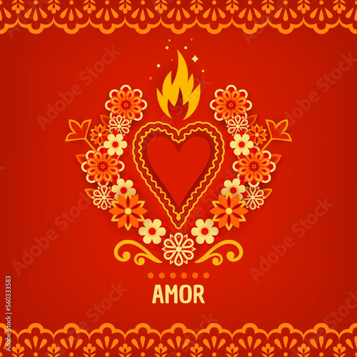 Happy Valentines Day, Feliz Dia de San Valentin. Greeting card, invitation with a fiery heart and flowers in paper style. Corazon Mexicano.