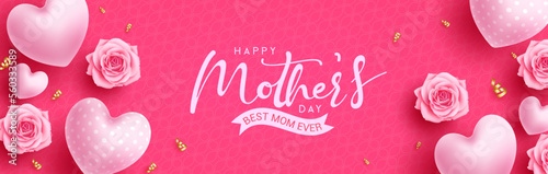 Happy mother's day text vector design. Mother's day typography in pink space with heart balloons and flower elements for greeting card background. Vector Illustration.  © AmazeinDesign