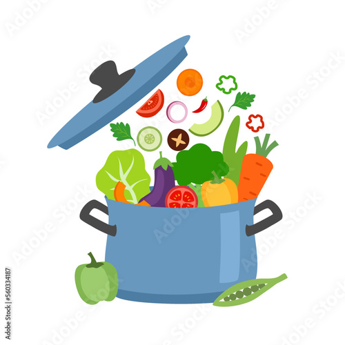 Healthy vegetables cooking in kitchen pot in flat design on white background.