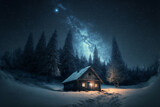 Christmas night in the forest. Small house on snowy landscape, starry sky. AI generative