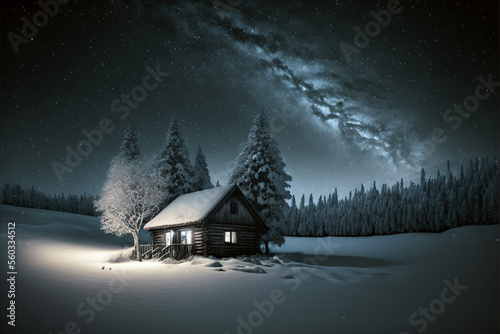 Christmas night in the forest. Small house on snowy landscape, starry sky. AI generative © Rawf8