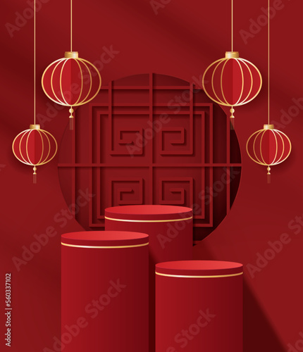 Podium stage chinese style for chinese new year and festivals or mid autumn festival with red background. mock up stage with festive lanterns and clouds. vector design.