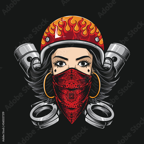 badass biker girl with piston illustration