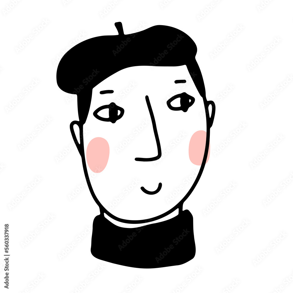 Doodle young pleased guys face. Cartoon young man in the beret. Hand-drawn outline human in turtleneck isolated on white background. Male cute portrait Avatar. Vector smiling character illustration Doodle young pleased guys face. Cartoon young man in the beret. Hand-drawn outline human in turtleneck isolated on white background. Male cute portrait Avatar. Vector smiling character illustration