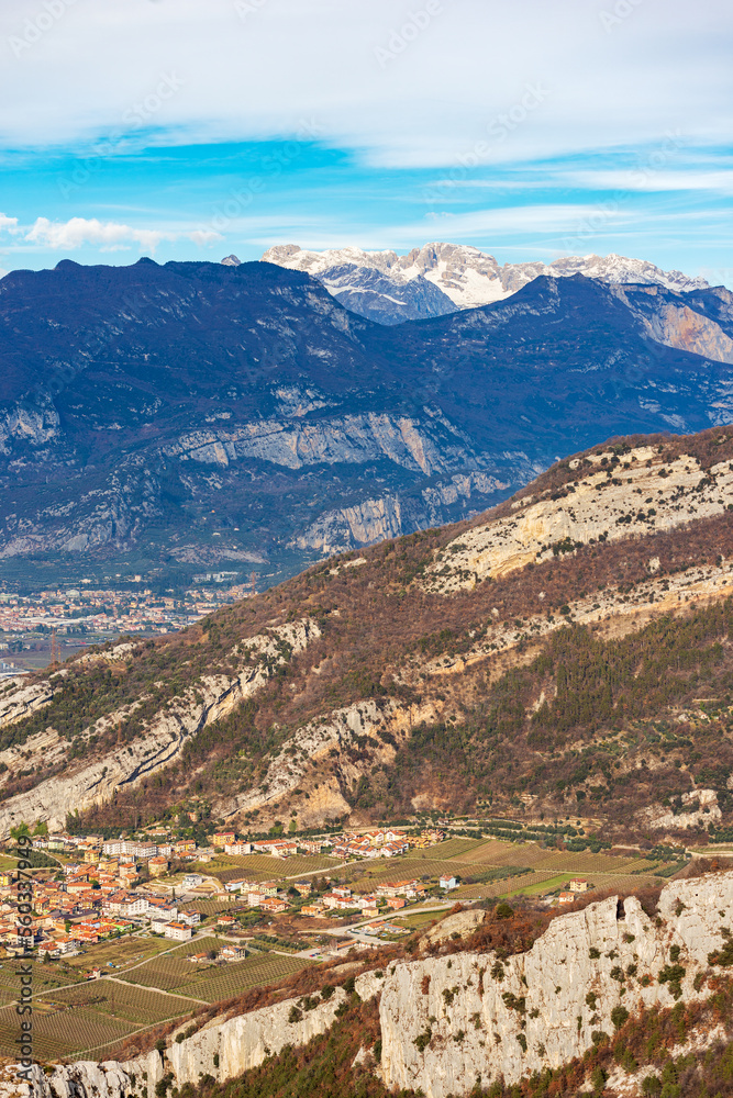 Naklejka premium Italian Alps and Brenta Dolomites (Dolomiti di Brenta, Adamello Brenta National Park) view from the Baldo Mountain (Monte Baldo), Nago-Torbole, Trento province, Trentino Alto Adige, Italy, Europe.