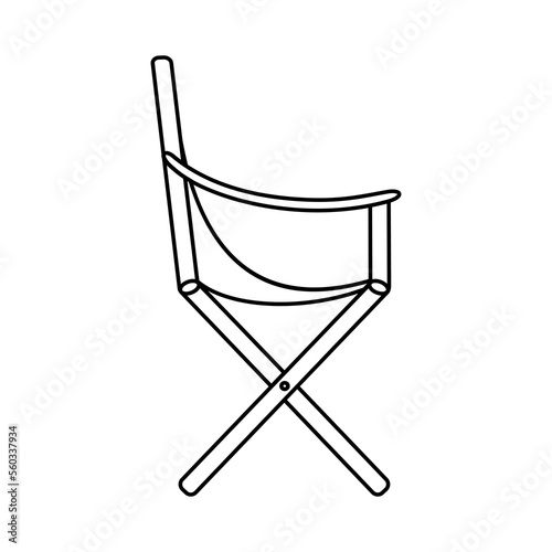 Line folding directors chair. Black outline camping chair isolated on white background. Comfortable portable armchair. Cozy furniture for relaxation, hike, holiday camp, campsite. Vector illustration