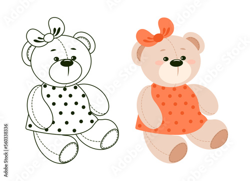 Vector hand-drawn illustration of a cute teddy bear in clothes. Gift toy for Valentine's day, birthday, Christmas, holiday. Doodle.