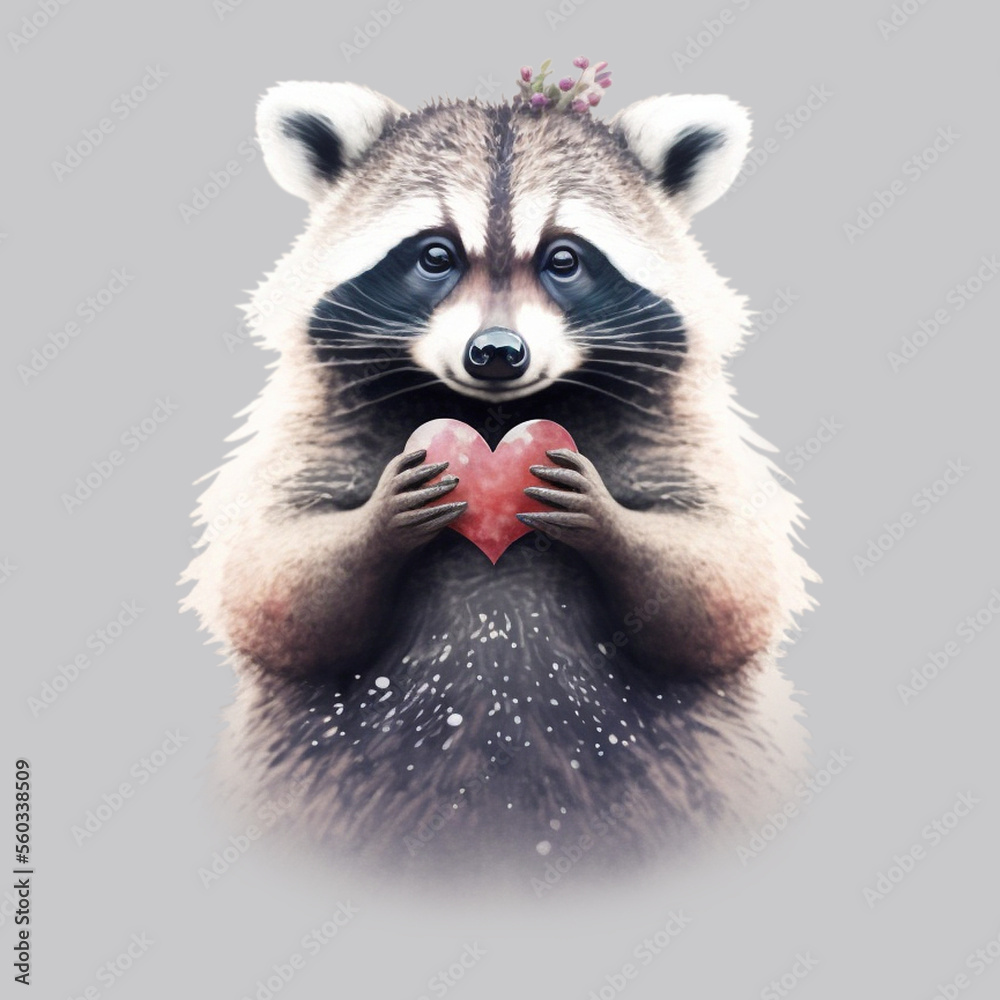 Cute raccoon, girl holding a heart in her paws, Valentine's Day, on a transparent layer, love, gift, for souvenirs, for cards, Valentine