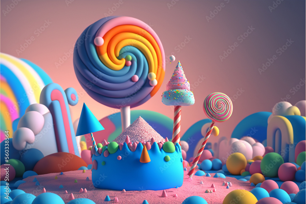 Fototapeta premium 3D Render, Fantasy Colorful Candyland Background.