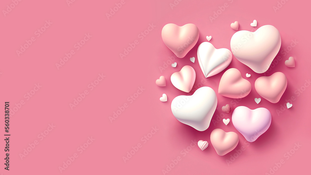 3D Render Glossy Hearts Shape On Pink Background With Copy Space.