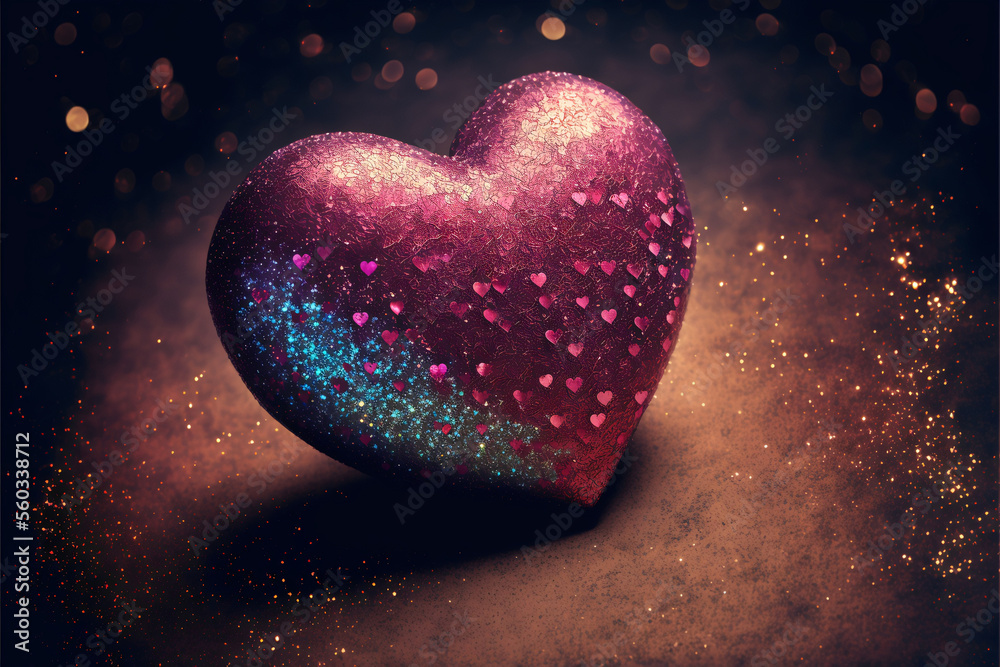 3D Render, Shiny Pink And Blue Glittery Heart Shape On Bokeh Lighting Background. Valentine's Day Concept.