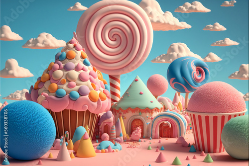 3D Render, Fantasy Colorful Candyland Background With Cupcake, Candies, Ice Cream, Clouds.