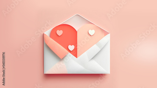 Pastel Colour Paper Cut Hearts Inside Envelope In 3D Render.