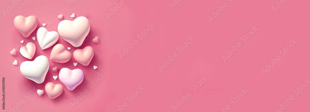 3D Render Glossy Hearts Shape On Pink Background Copy Space.