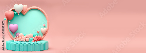 Colourful Heart Shape Balloons and Podium, Clay Model, 3D Render. Happy Valentines Day Banner with Text Space. © Abdul Qaiyoom