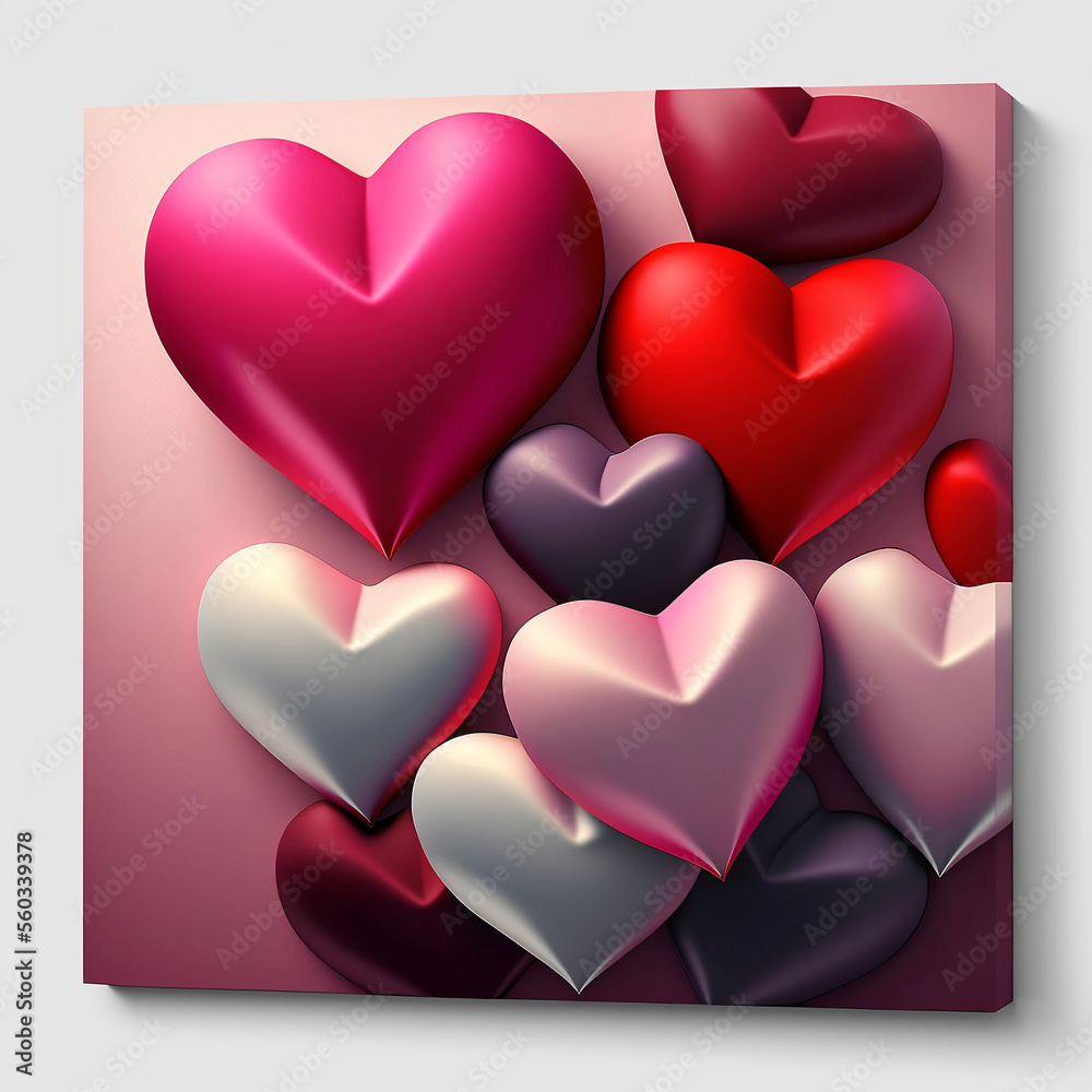 3D Render of Glossy Colourful Paper Heart Shapes On Pastel Pink Background.