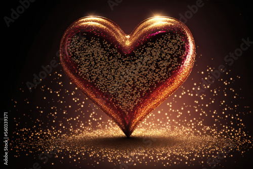 Shiny Glittery Heart Shape On Golden Lighting Backgorund. 3D Render.