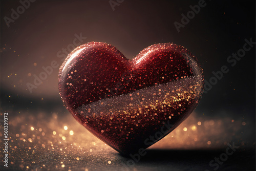 Shiny Red Glittery Heart Shape On Flare Lighting Background. 3D Render.