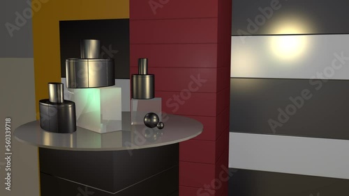3 animation. Jars and bottles of cosmetics and perfume and cologne stand on a glass stand or display case in a modern interior. Lighting changes from very dark to light. Change light highlights and an