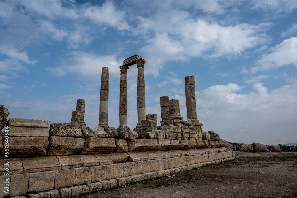 panoramic view of the ancient citadel on the mountain in the center of Amman in Jordan