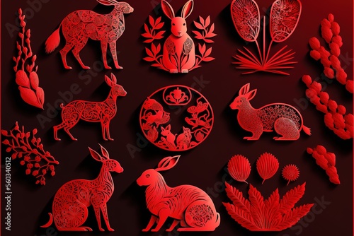 Chinese Lunar New Year rabbit isolated icons with vector animals of Asian zodiac. Red papercut rabbits of lunar calendar horoscope with oriental paper cut flower ornaments. Generative AI