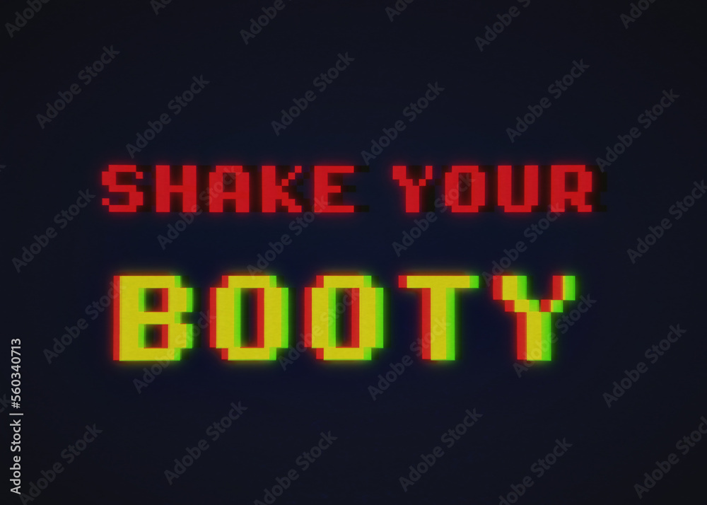 VHS tape capture: 8-bit videogame screen illustration, with the text message Shake your booty. Dark blue background, red and yellow characters.
