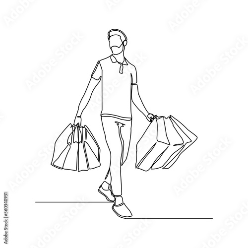 Continuous singe one line drawing art of happiness man holding paper shopping bags. Vector illustration of shopper big sale consumerism concept