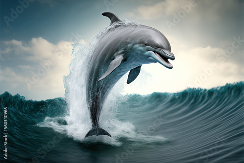  a dolphin jumping out of the water in the ocean with a cloudy sky background and a wave coming up from the water  with a dolphin jumping out of the water in the air .
