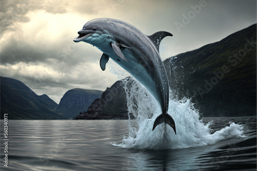  a dolphin jumping out of the water with a mountain in the background and clouds in the sky above it, with a body of water below it, and a mountain in the foreground.