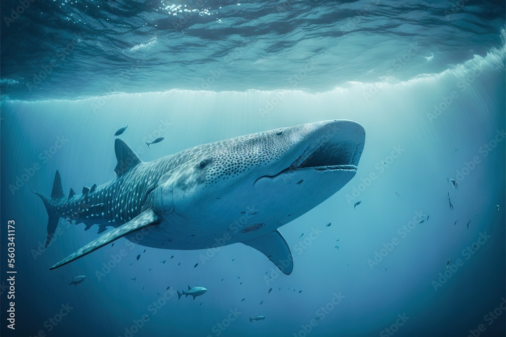 Fototapeta premium a large whale swimming in the ocean with a lot of fish around it's neck and head, with a lot of water around it's surface, and a lot of fish around it.