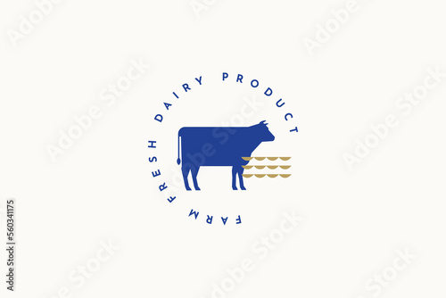 Logo template with a blue silhouette of a cow on a light background. Butcher shops emblem. The image can be used for packaging design, restaurant menu, market design. Vector illustration.
