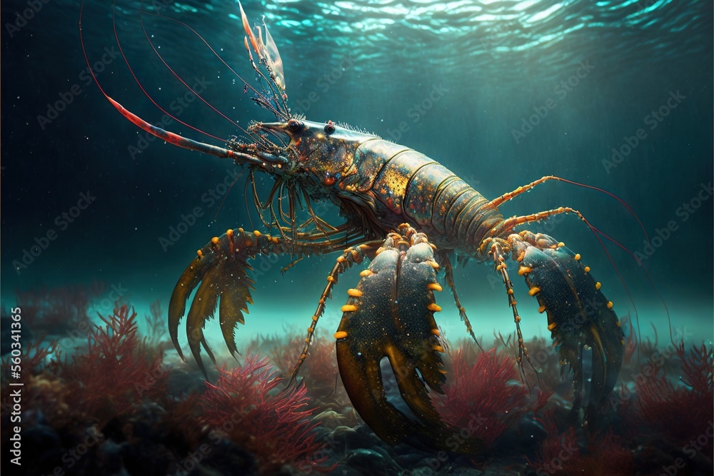 a lobster is swimming in the ocean water with its legs spread out and it's head turned to the side, with its legs extended, and legs, and feet, and feet, with a. a lobster is swimming in the ocean water with its legs spread out and it's head turned to the side, with its legs extended, and legs, and feet, and feet, with a.